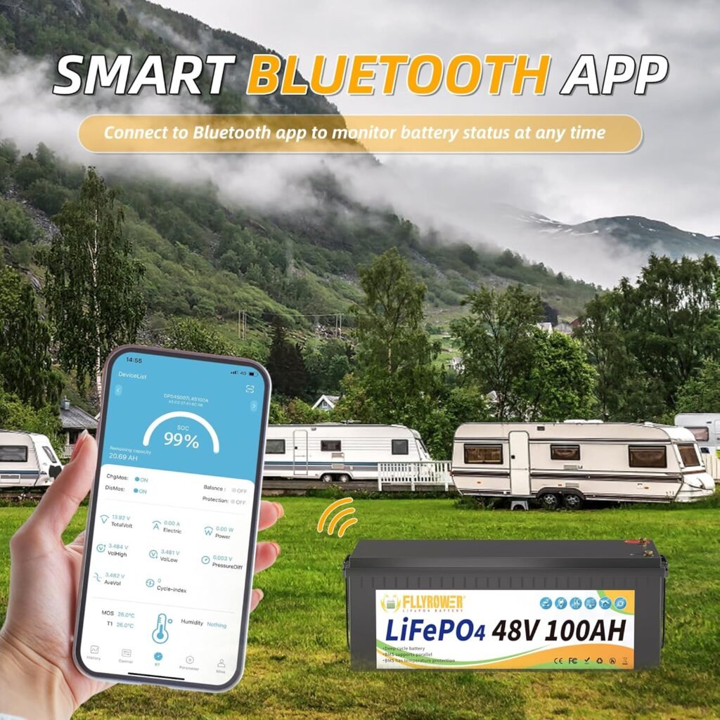 FLLYROWER 48V Lithium Battery 100AH With 150A Smart BMS and 16500 Deep Cycles 48V 100AH Lifepo4 Battery Grade A Cells for Marine Trolling Motor RV camping Solar Golf Cart Off-Grid