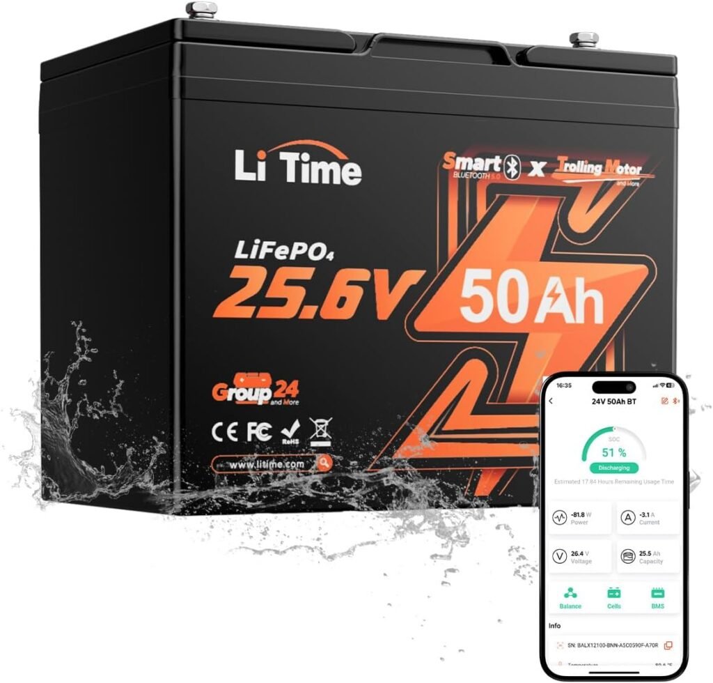 LiTime 24V 100Ah LiFePO4 Deep Cycle Battery, 4000+ Deep Cycle, Built-in 100A BMS, Perfect for Trolling Motors, Boats, RVs, Off-Grid, Home Energy (2 Packs) LiTime 24V 100Ah LiFePO4 Deep Cycle Battery, 4000+ Deep Cycle, Built-in 100A BMS, Perfect for Trolling Motors, Boats, RVs, Off-Grid, Home Energy (2 Packs)