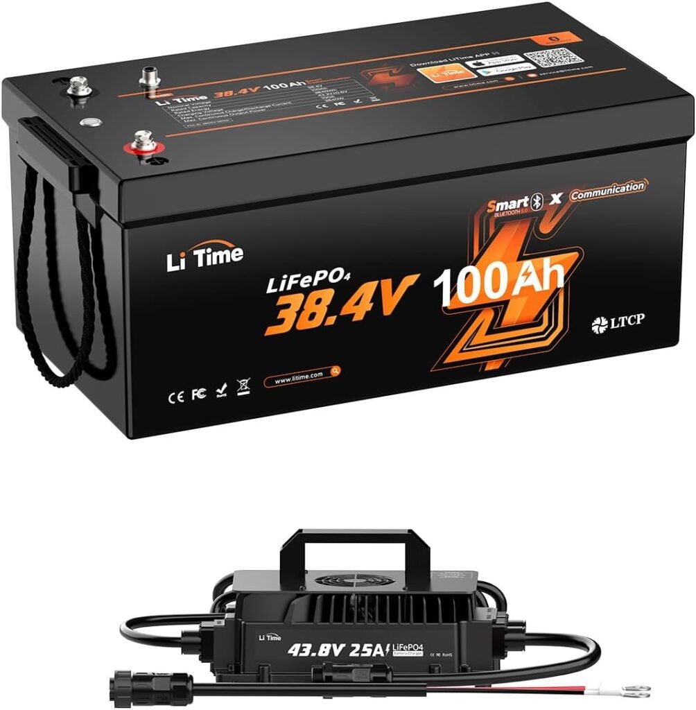 Litime 36V 45Ah LiFePO4 Lithium Battery with 43.8V 18A Charger, Group GC2,Built-in 90A BMS, Bluetooth 5.0,4000 Cycles, Max 3.456kW Continuous Power Output, Perfect for Golf Carts, Marine, Home Energy Litime 36V 45Ah LiFePO4 Lithium Battery with 43.8V 18A Charger, Group GC2,Built-in 90A BMS, Bluetooth 5.0,4000 Cycles, Max 3.456kW Continuous Power Output, Perfect for Golf Carts, Marine, Home Energy