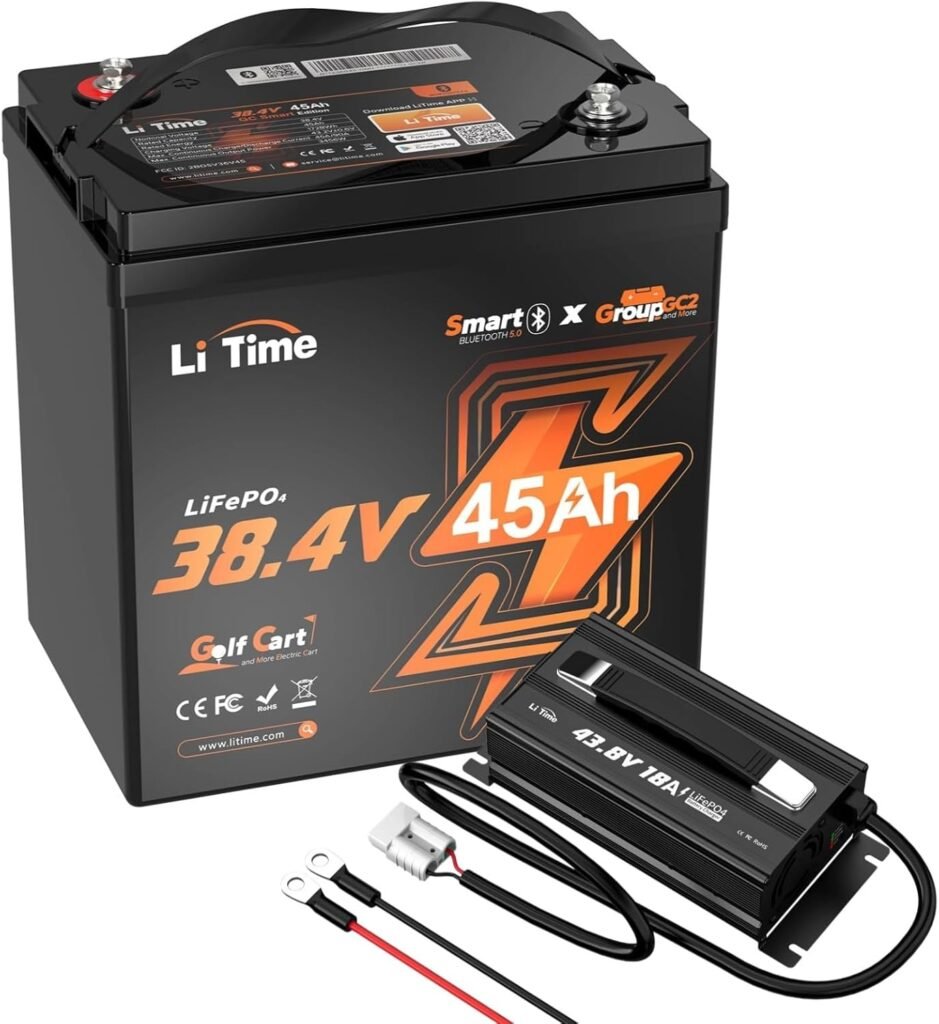 Litime 36V 45Ah LiFePO4 Lithium Battery with 43.8V 18A Charger, Group GC2,Built-in 90A BMS, Bluetooth 5.0,4000 Cycles, Max 3.456kW Continuous Power Output, Perfect for Golf Carts, Marine, Home Energy Litime 36V 45Ah LiFePO4 Lithium Battery with 43.8V 18A Charger, Group GC2,Built-in 90A BMS, Bluetooth 5.0,4000 Cycles, Max 3.456kW Continuous Power Output, Perfect for Golf Carts, Marine, Home Energy