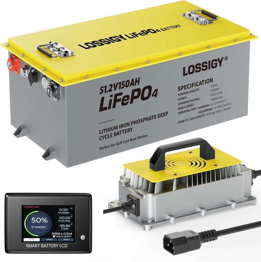 LOSSIGY 48V Lithium Battery Golf Cart, Bluetooth LiFePO4 Battery with 58.4V18A Smart Battery Charger  LCD Monitor,200A BMS, 1000A Peak Current, Perfect for Golf Carts(100AH)