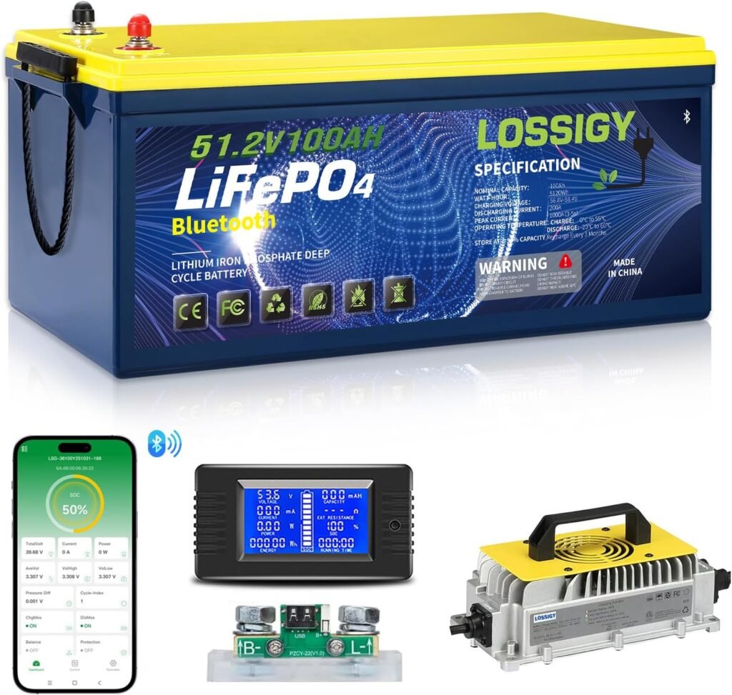 LOSSIGY 48V Lithium Battery Golf Cart, Bluetooth LiFePO4 Battery with 58.4V18A Smart Battery Charger  LCD Monitor,200A BMS, 1000A Peak Current, Perfect for Golf Carts(100AH)