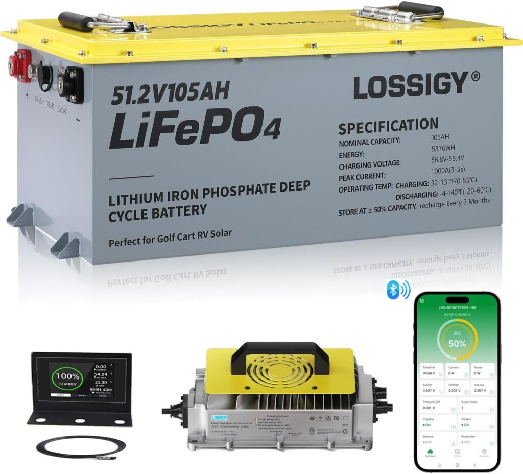 LOSSIGY 48V Lithium Battery Golf Cart, Bluetooth LiFePO4 Battery with 58.4V18A Smart Battery Charger  LCD Monitor,200A BMS, 1000A Peak Current, Perfect for Golf Carts(100AH)