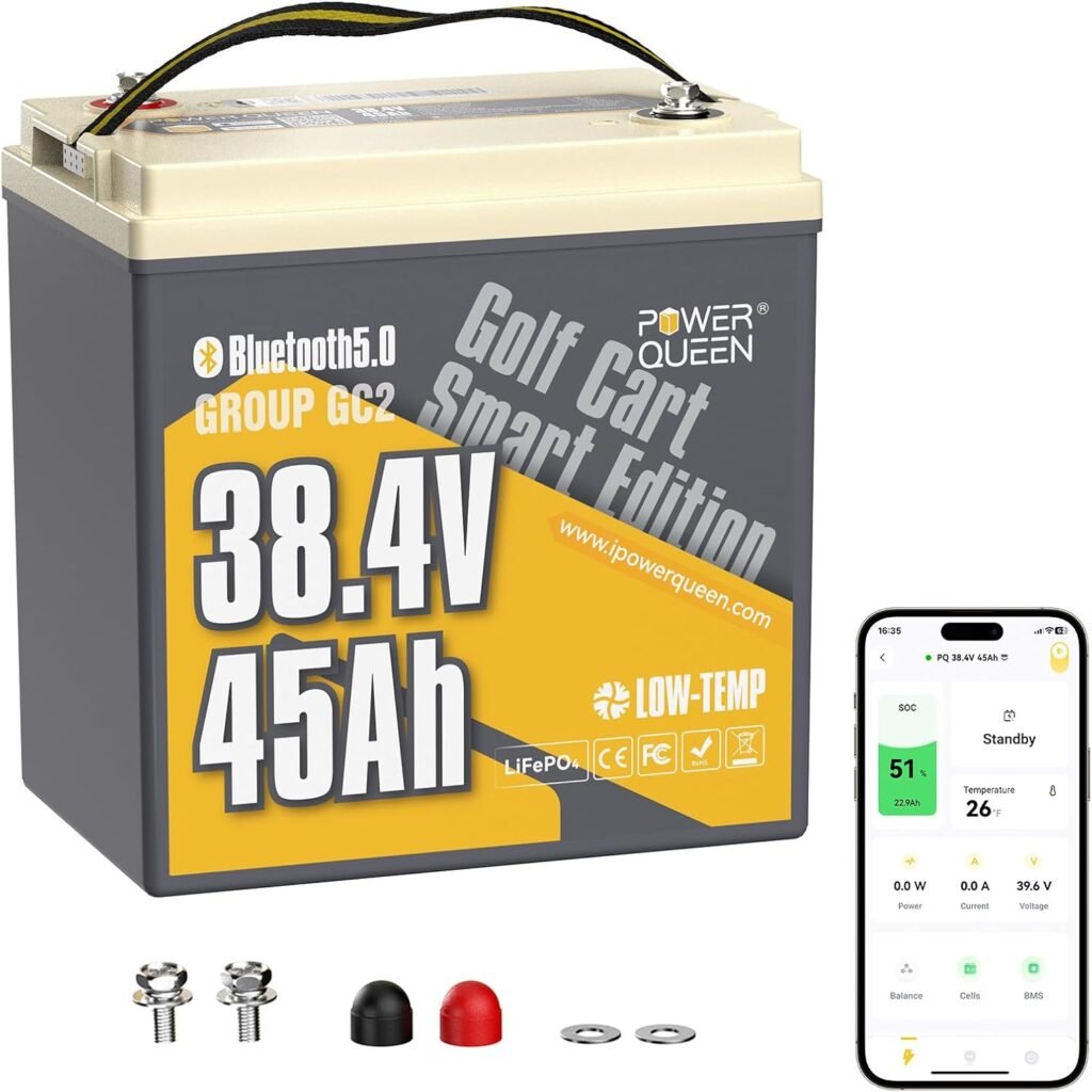 Power Queen 48V 100Ah Lithium Golf Cart Battery, Group 8D LiFePO4 Battery with Bluetooth 5.0, Built-in 200A Smart BMS with Low-temp Protection for 5kW Motor Golf Carts Club Car DS E-Z-Go TXT