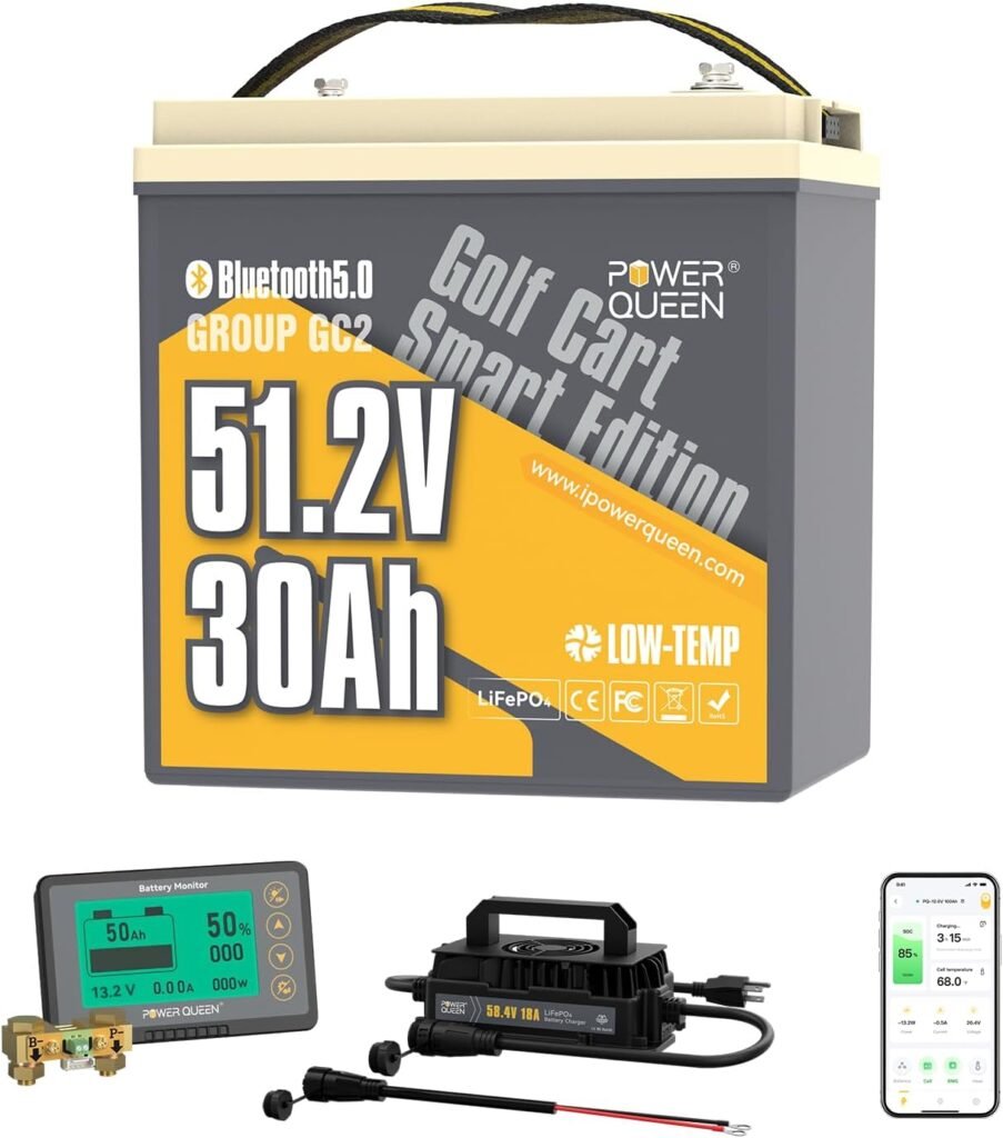 Power Queen 48V 100Ah Lithium Golf Cart Battery, Group 8D LiFePO4 Battery with Bluetooth 5.0, Built-in 200A Smart BMS with Low-temp Protection for 5kW Motor Golf Carts Club Car DS E-Z-Go TXT
