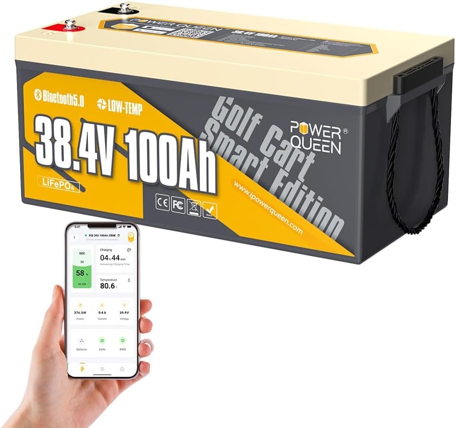 Power Queen LiFePO4 Battery 48V 100Ah Lithium Golf Cart Battery, Lithium Battery with Bluetooth 5.0, Built-in 200A Smart BMS with Low-temp Protection for 5kW Motor Golf Carts Club Car DS E-Z-Go TXT