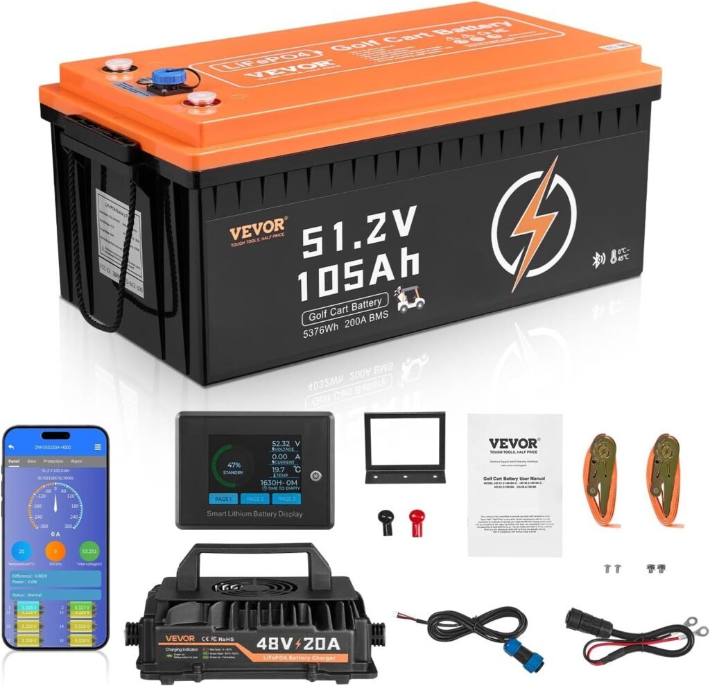 VEVOR 48V 105Ah Golf Cart Lithium Battery, 48 Volt Golf Cart Battery with 200A BMS, LCD Monitor and Mobile APP, LiFePO4 Battery with 600A Peak Current, 20A Charger and 4000+ Cycles, for Golf Carts