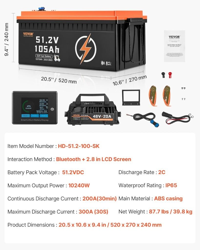 VEVOR 48V 105Ah Golf Cart Lithium Battery, 48 Volt Golf Cart Battery with 200A BMS, LCD Monitor and Mobile APP, LiFePO4 Battery with 600A Peak Current, 20A Charger and 4000+ Cycles, for Golf Carts