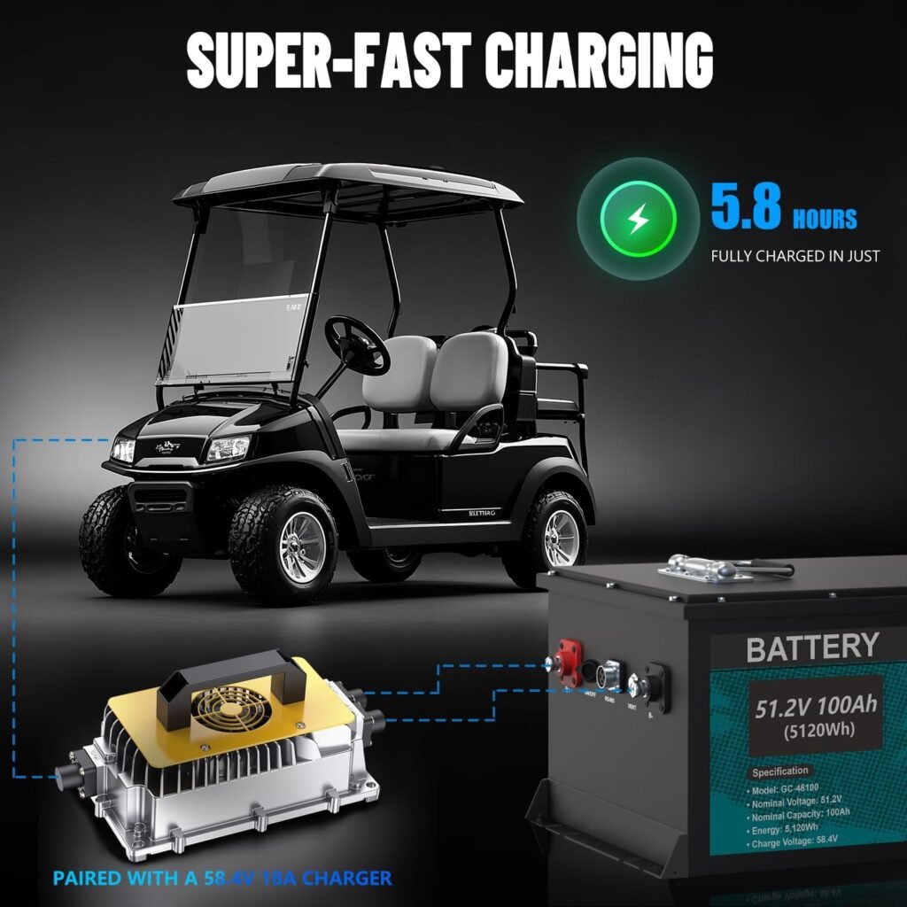 48V 100AH Lithium Golf Cart Battery, 6000+ Deep Cycle LiFePO4 Battery with 200A Smart BMS, Come with 58.4V 18A Charger  LCD Monitor for Golf Cart