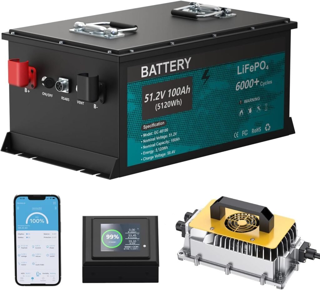 48V 100AH Lithium Golf Cart Battery, 6000+ Deep Cycle LiFePO4 Battery with 200A Smart BMS, Come with 58.4V 18A Charger  LCD Monitor for Golf Cart