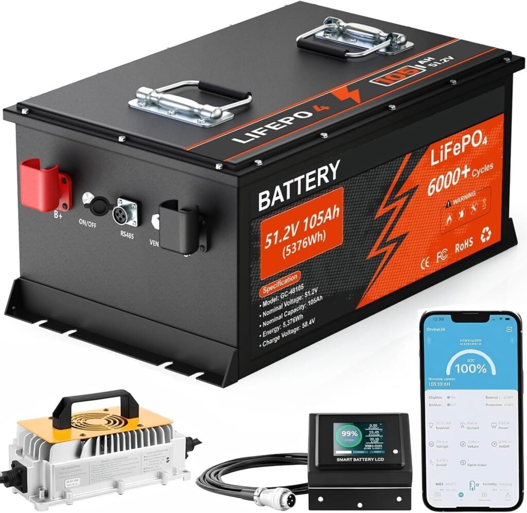 48V 105Ah Lithium Golf Cart Battery, 6000+ Cycles Rechargeable LiFePO4 Battery with 58.4V 18A Charger, Built-in 200A BMS, Stainless Steel Case, Touch LCD Monitor  Mobile APP, Perfect for Golf Carts