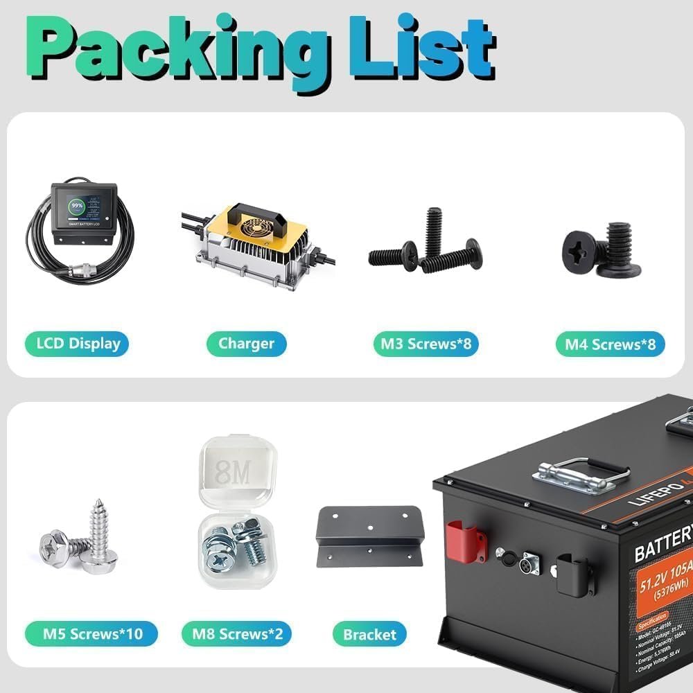 48V 105Ah Lithium Golf Cart Battery, 6000+ Cycles Rechargeable LiFePO4 Battery with 58.4V 18A Charger, Built-in 200A BMS, Stainless Steel Case, Touch LCD Monitor  Mobile APP, Perfect for Golf Carts