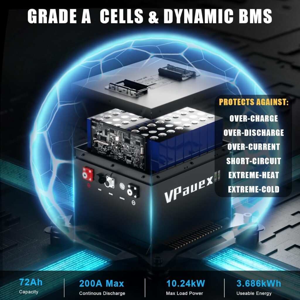 48V Lithium Battery Golf Cart,48V 72Ah Golf Cart Batteries with 18A Charger,Built-in 200A BMS,Metal Casing,Supports Bluetooth Mobile APP,Touch Monitor,6000+ Cycles,Peak Current 600A,Max 10.24kW