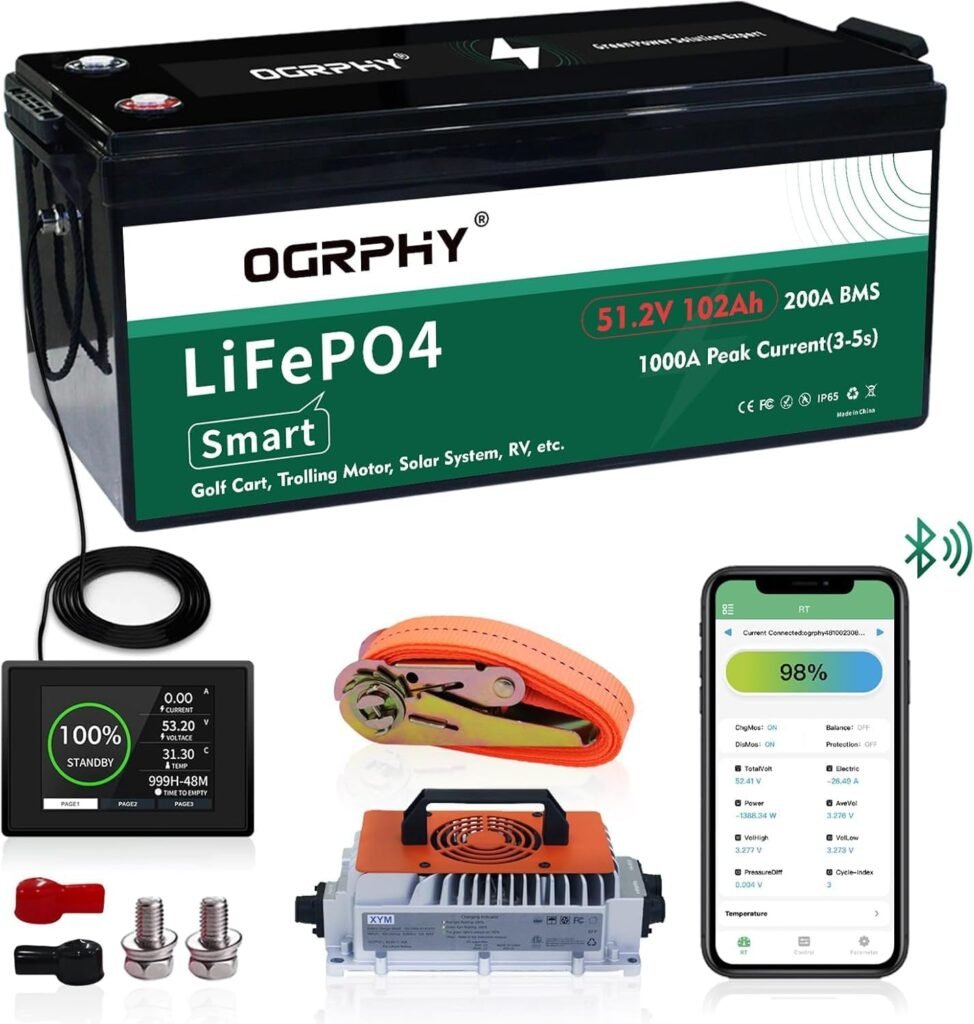 48V Lithium Golf Cart Battery, with 18A Charger, Touch LCD Monitor, Retention Strap, 200A BMS, 1000A(3-5) Peak Current 10 Yrs Lifespan Perfect for Golf Cart, Trolling Motor(48V 102Ah)