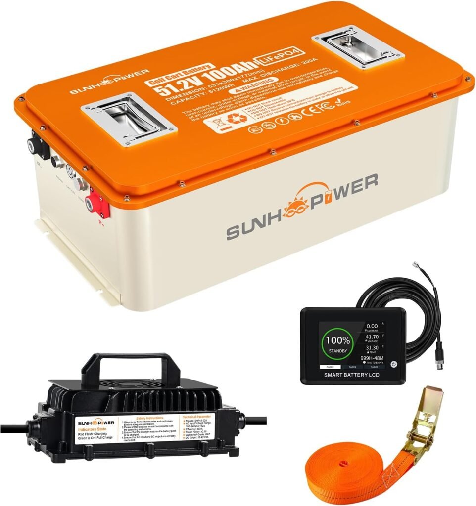 48V(51.2V) 100Ah Lithium Golf Cart Battery, LiFePO4 Batteries with 200A BMS, Touch Monitor, Mobile APP, 20A Fast Charger and Retention Strap, Perfect for Golf Carts, Trolling Motor