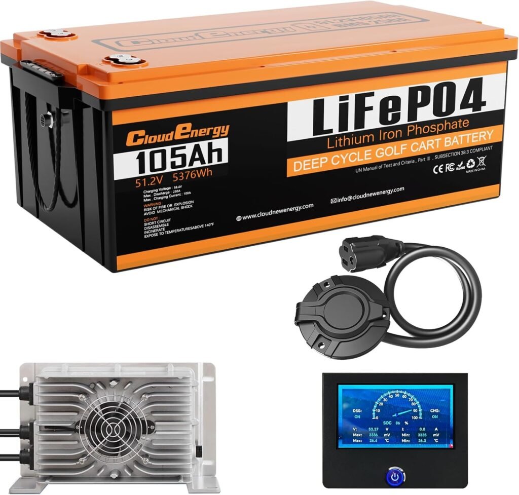 Cloudenergy 48V(51.2V) 105AH LiFePO4 Lithium Battery More Power for Golf Cart with Charger Built-in 250A BMS,3C Discharge,Smart Touch Monitor,6000+ Cycles,Perfect for Golf Carts (TDT48V-105AH)