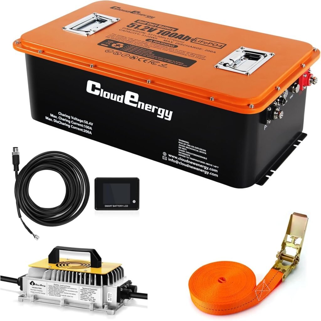 Cloudenergy 48V(51.2V) LiFePO4 Lithium Golf Cart Battery Built-in 200A BMS,with Mobile APP,Touch Monitor and Retention Strap,6000+ Cycles,Perfect for Golf Carts(GFS48V-100AH with Charger)