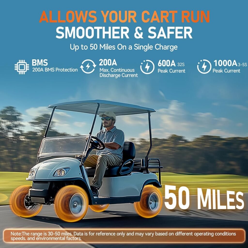 48V(51.2V) 100Ah LiFePO4 Lithium Golf Cart Battery, Built-in Smart 200A BMS with Touch Monitor and 18-Amp Charger, 1000A Peak Current, Max 10.24kW Power Output, Perfect for Golf Carts, Solar