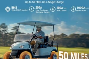 48V(51.2V) 100Ah LiFePO4 Lithium Golf Cart Battery, Built-in Smart 200A BMS with Touch Monitor and 18-Amp Charger, 1000A Peak Current, Max 10.24kW Power Output, Perfect for Golf Carts, Solar