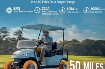48V(51.2V) 100Ah LiFePO4 Lithium Golf Cart Battery, Built-in Smart 200A BMS with Touch Monitor and 18-Amp Charger, 1000A Peak Current, Max 10.24kW Power Output, Perfect for Golf Carts, Solar