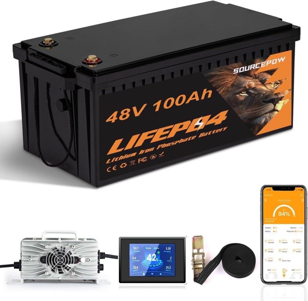 48V(51.2V) 100Ah LiFePO4 Lithium Golf Cart Battery, Built-in Smart 200A BMS with Touch Monitor and 18-Amp Charger, 1000A Peak Current, Max 10.24kW Power Output, Perfect for Golf Carts, Solar