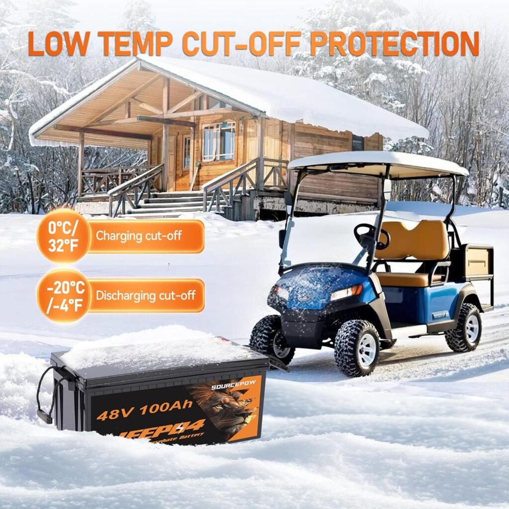 48V(51.2V) 100Ah LiFePO4 Lithium Golf Cart Battery, Built-in Smart 200A BMS with Touch Monitor and 18-Amp Charger, 1000A Peak Current, Max 10.24kW Power Output, Perfect for Golf Carts, Solar