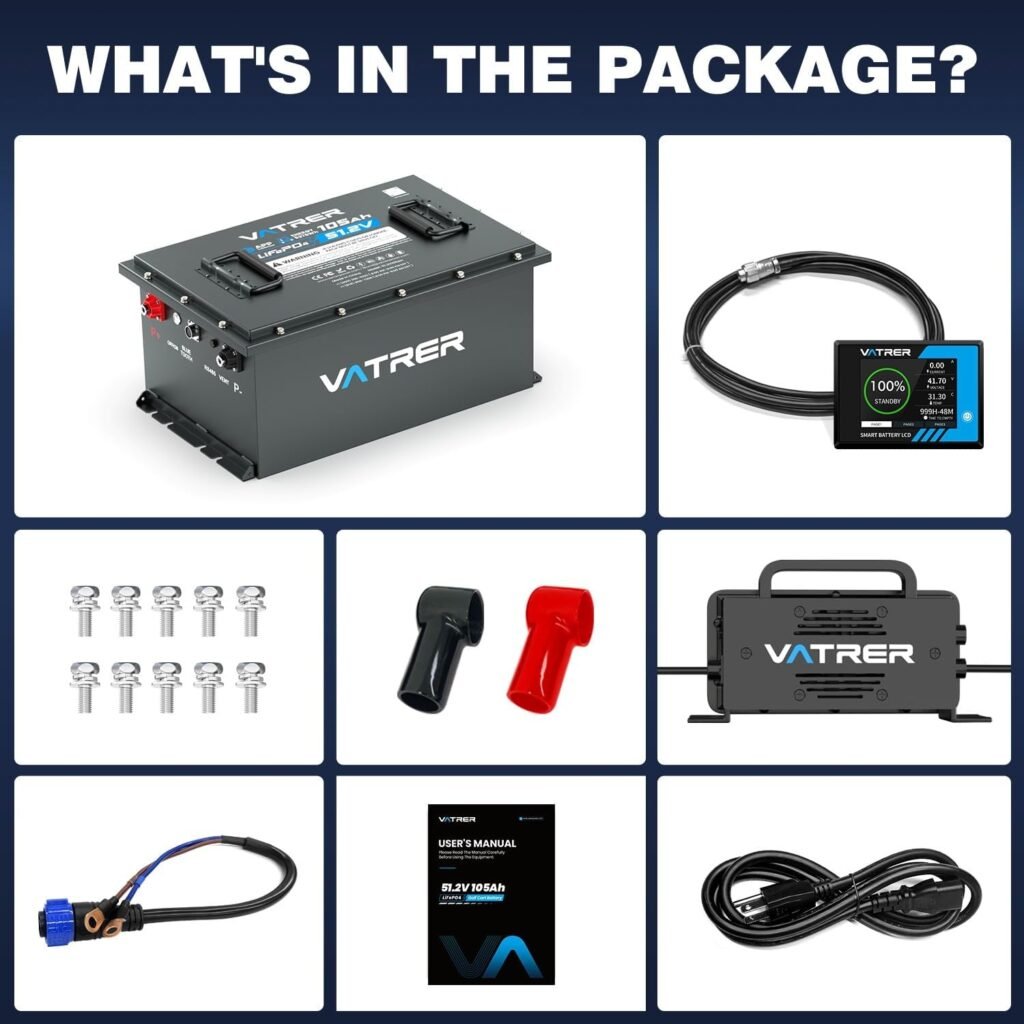 51.2V 105Ah Lithium Golf Cart Battery, Built-in Smart 200A BMS, with Touch Monitor  Mobile APP, VATRER POWER 4000+ Cycles Rechargeable LiFePO4 Battery, Max 10.24kW, Perfect for Golf Carts