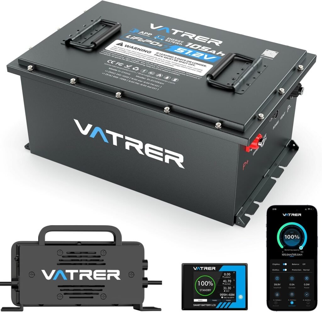 51.2V 105Ah Lithium Golf Cart Battery, Built-in Smart 200A BMS, with Touch Monitor  Mobile APP, VATRER POWER 4000+ Cycles Rechargeable LiFePO4 Battery, Max 10.24kW, Perfect for Golf Carts