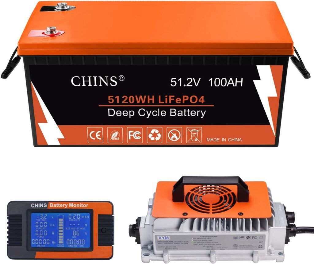 CHINS 48V Lithium Golf Cart Battery, Volt 100Ah LiFePO4 Battery, Built-in Bluetooth 200A BMS, Includes 48V 18A Charger, Monitor, Perfect for Golf Carts
