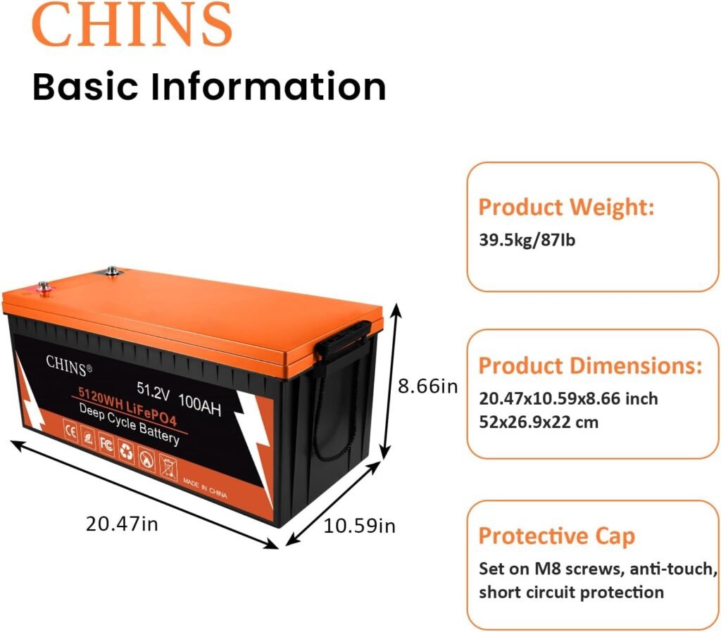 CHINS 48V Lithium Golf Cart Battery, Volt 100Ah LiFePO4 Battery, Built-in Bluetooth 200A BMS, Includes 48V 18A Charger, Monitor, Perfect for Golf Carts