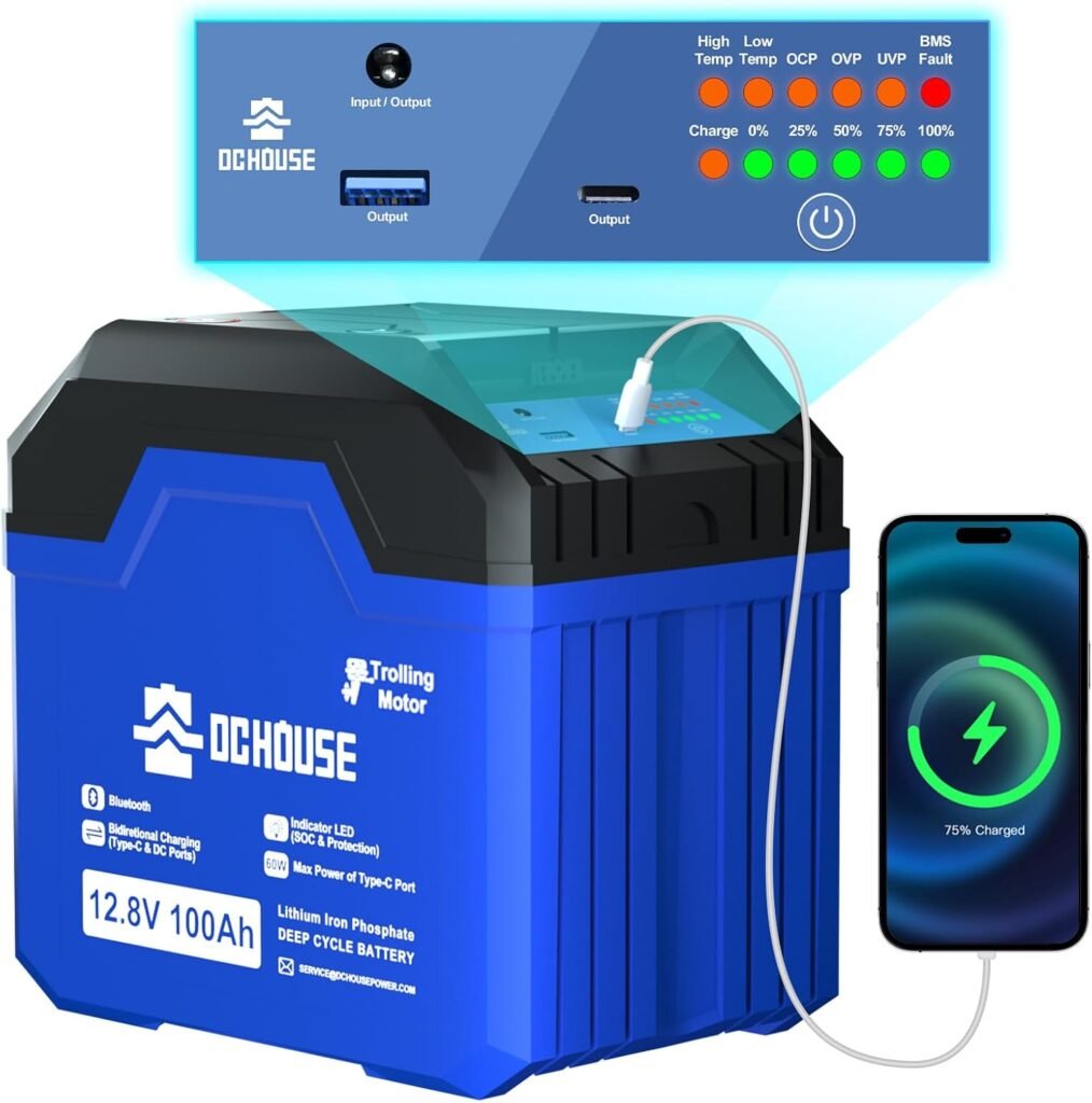 DC HOUSE 12V 100Ah 3.0 Trolling Motor Marine Battery, Bluetooth Low Temp Cut-Off with SOC Status Indicators, USB-A, DC, USB-C Ports, Built-in 100A BMS, Up to Cycles DC HOUSE 12V 100Ah 3.0 Trolling Motor Marine Battery, Bluetooth Low Temp Cut-Off with SOC Status Indicators, USB-A, DC, USB-C Ports, Built-in 100A BMS, Up to Cycles