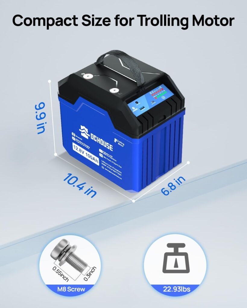 DC HOUSE 12V 100Ah 3.0 Trolling Motor Marine Battery, Bluetooth Low Temp Cut-Off with SOC Status Indicators, USB-A, DC, USB-C Ports, Built-in 100A BMS, Up to Cycles DC HOUSE 12V 100Ah 3.0 Trolling Motor Marine Battery, Bluetooth Low Temp Cut-Off with SOC Status Indicators, USB-A, DC, USB-C Ports, Built-in 100A BMS, Up to Cycles