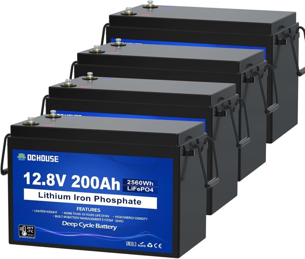 DC HOUSE 12V 200AH (4 Pack) Lithium LiFePO4 Deep Cycle Battery, Low Temp Cut Off, with 2560Wh Energy Max. Built-in 200A BMS for RV, Solar, Home Energy Storage, Marine Trolling Motor, Boat, Golf Carts