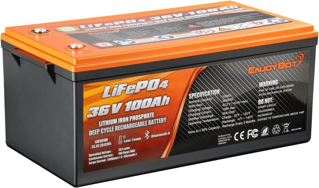 Enjoybot 36V 100Ah LiFePO4 Lithium Battery, Built-in 100A BMS and Bluetooth-Enabled, Low Temp Cut-Off Function and Peak Current 500A, Years Lifetime Perfect for Golf Cart, RV, Trolling Motor, Solar Enjoybot 36V 100Ah LiFePO4 Lithium Battery, Built-in 100A BMS and Bluetooth-Enabled, Low Temp Cut-Off Function and Peak Current 500A, Years Lifetime Perfect for Golf Cart, RV, Trolling Motor, Solar