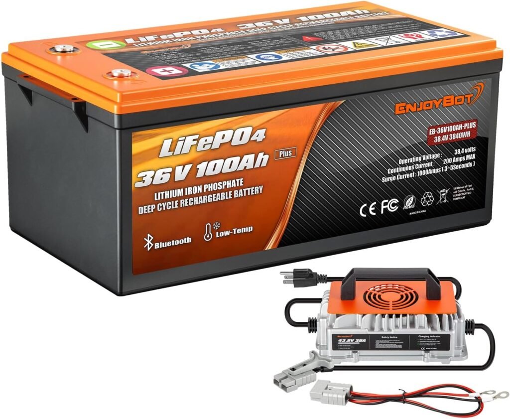 Enjoybot 36V 100Ah LiFePO4 Lithium Battery, Built-in 100A BMS and Bluetooth-Enabled, Low Temp Cut-Off Function and Peak Current 500A, Years Lifetime Perfect for Golf Cart, RV, Trolling Motor, Solar Enjoybot 36V 100Ah LiFePO4 Lithium Battery, Built-in 100A BMS and Bluetooth-Enabled, Low Temp Cut-Off Function and Peak Current 500A, Years Lifetime Perfect for Golf Cart, RV, Trolling Motor, Solar