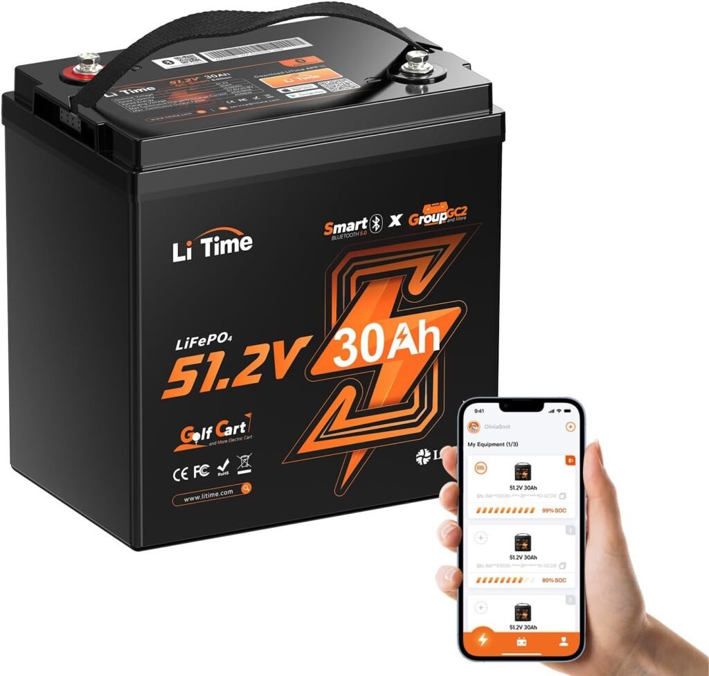LiTime 51.2V(48V) 30Ah Lithium Golf Cart Battery GC2 Size with 80A Smart BMS, Bluetooth  Low-Temp Protection, Support up to 3kW Motor, Max 4.096kW Continuous Power Output, Perfect for Golf Carts