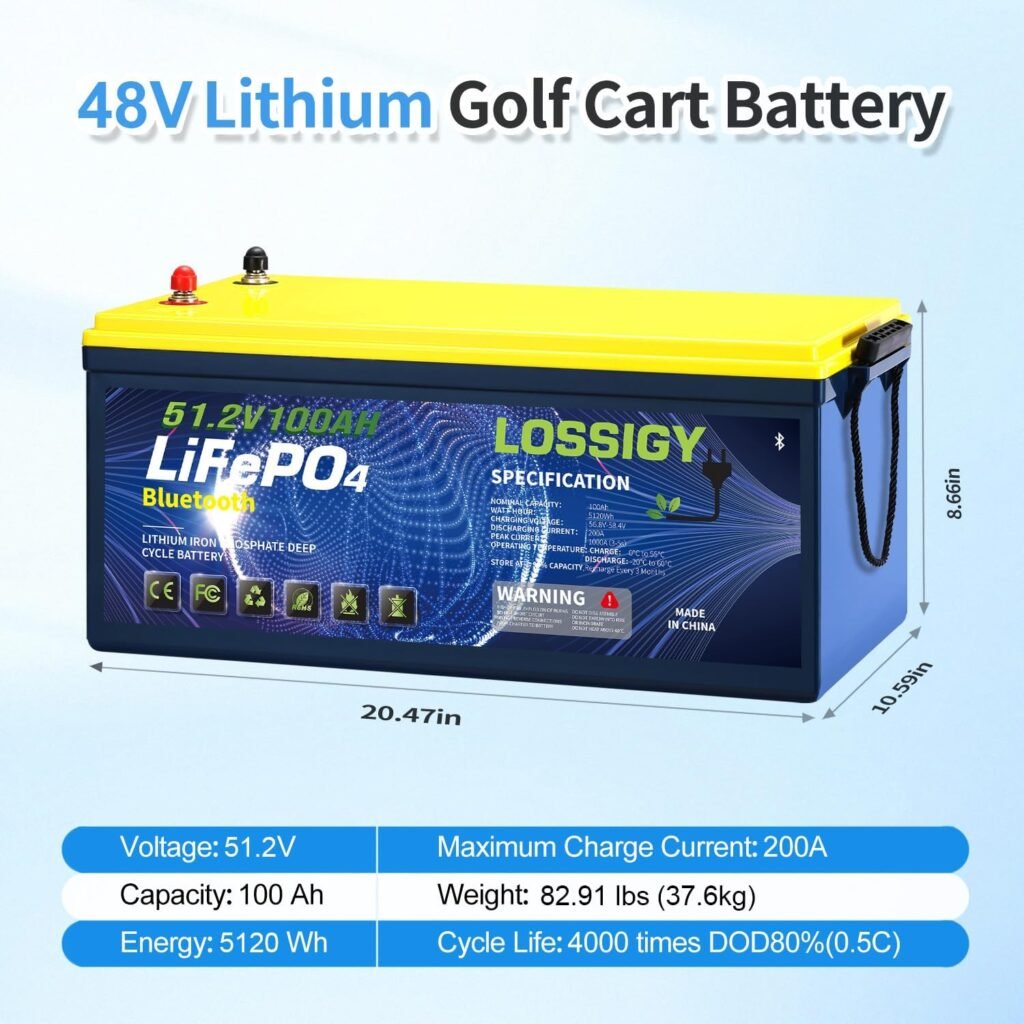 LOSSIGY 48V Lithium Golf Cart Battery, With 18A Charger  LCD Mobile Monitor,100Ah LiFePO4 battery with 200A BMS,10.24kW Output, 1000A Peak Current,Perfect for Golf Carts,RV Solar System
