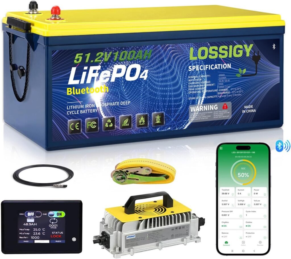 LOSSIGY 48V Lithium Golf Cart Battery, With 18A Charger  LCD Mobile Monitor,100Ah LiFePO4 battery with 200A BMS,10.24kW Output, 1000A Peak Current,Perfect for Golf Carts,RV Solar System