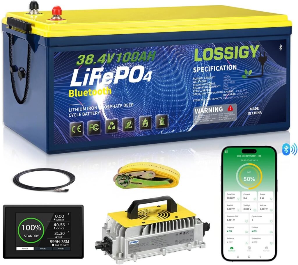 LOSSIGY 48V Lithium Golf Cart Battery, With 18A Charger  LCD Mobile Monitor,100Ah LiFePO4 battery with 200A BMS,10.24kW Output, 1000A Peak Current,Perfect for Golf Carts,RV Solar System