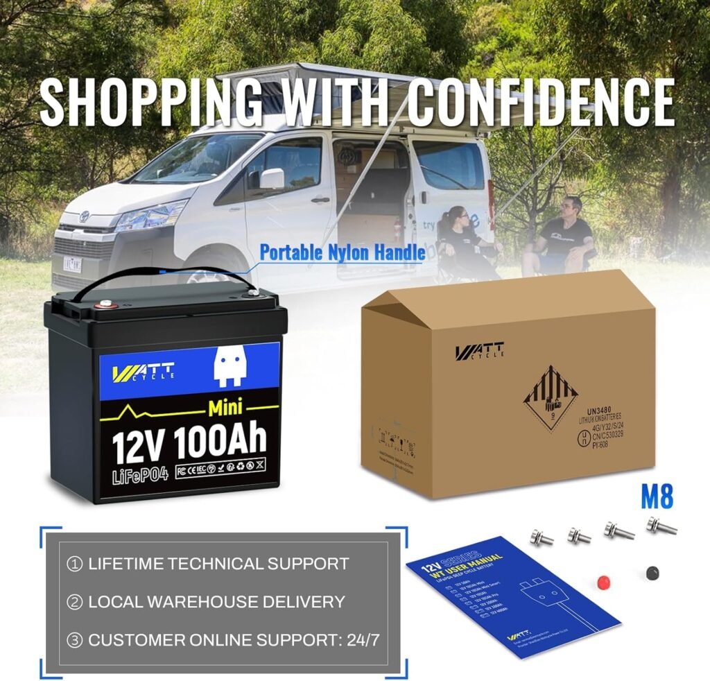 WattCycle 12V 100Ah Mini LiFePO4 Lithium Battery Smaller than BCI Group Built-in 100A BMS Low-Temp Protection Deep Cycles 1280Wh for Home Storage Marine Golf Cart RV Solar Trolling Motor