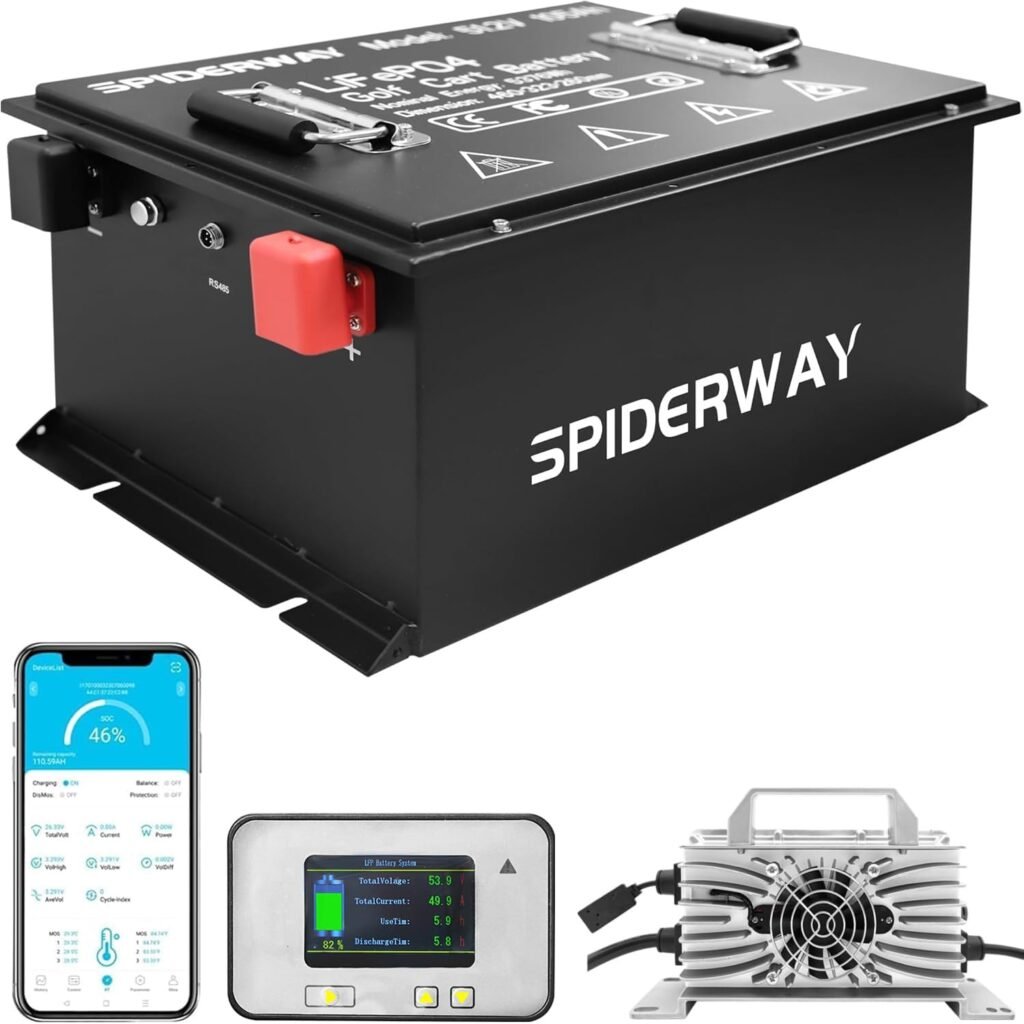 48V Lithium Battery Golf Cart, 48V 105Ah Golf Cart Battery with 48V 25A Lithium Charger, Built-in 200A BMS and Bluetooth, Touch Screen  Mobile App, 6000+ Cycles, Max 10.24kW Output, Peak Current 600A