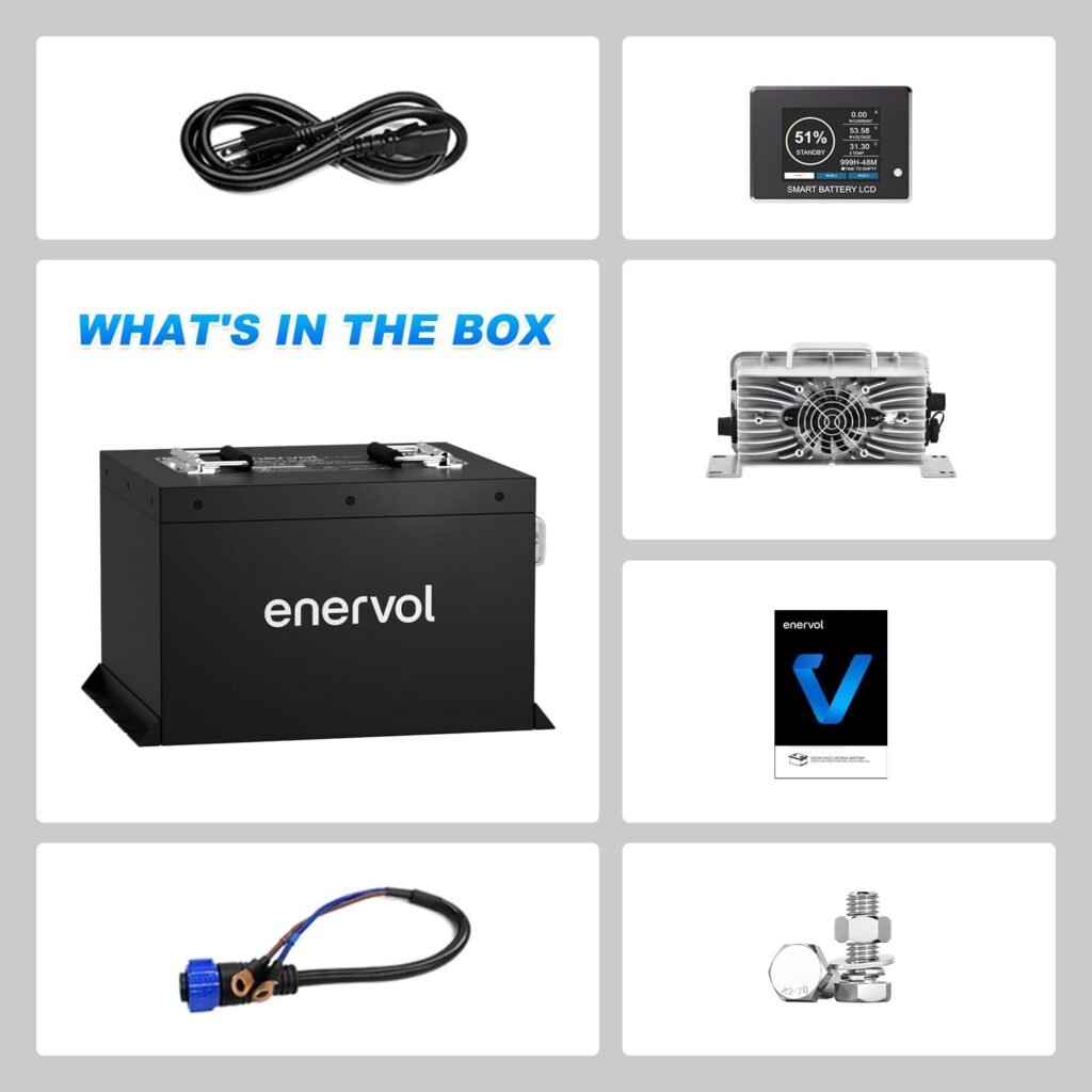Enervol 48V 105Ah Mini Golf Cart Batteries, Lithium ion Battery with 58.4V 22A Battery Charger, Built-in 200A BMS, LCD Screen and Smart APP, Max 10.24kW, Perfect for Golf Cart, Club cart, EZGO, YAMAHA