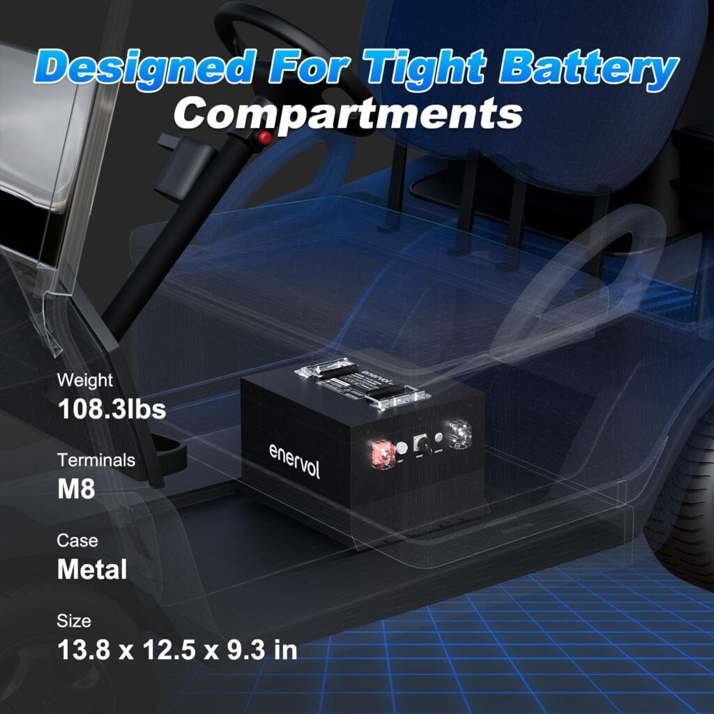 Enervol 48V 105Ah Mini Golf Cart Batteries, Lithium ion Battery with 58.4V 22A Battery Charger, Built-in 200A BMS, LCD Screen and Smart APP, Max 10.24kW, Perfect for Golf Cart, Club cart, EZGO, YAMAHA