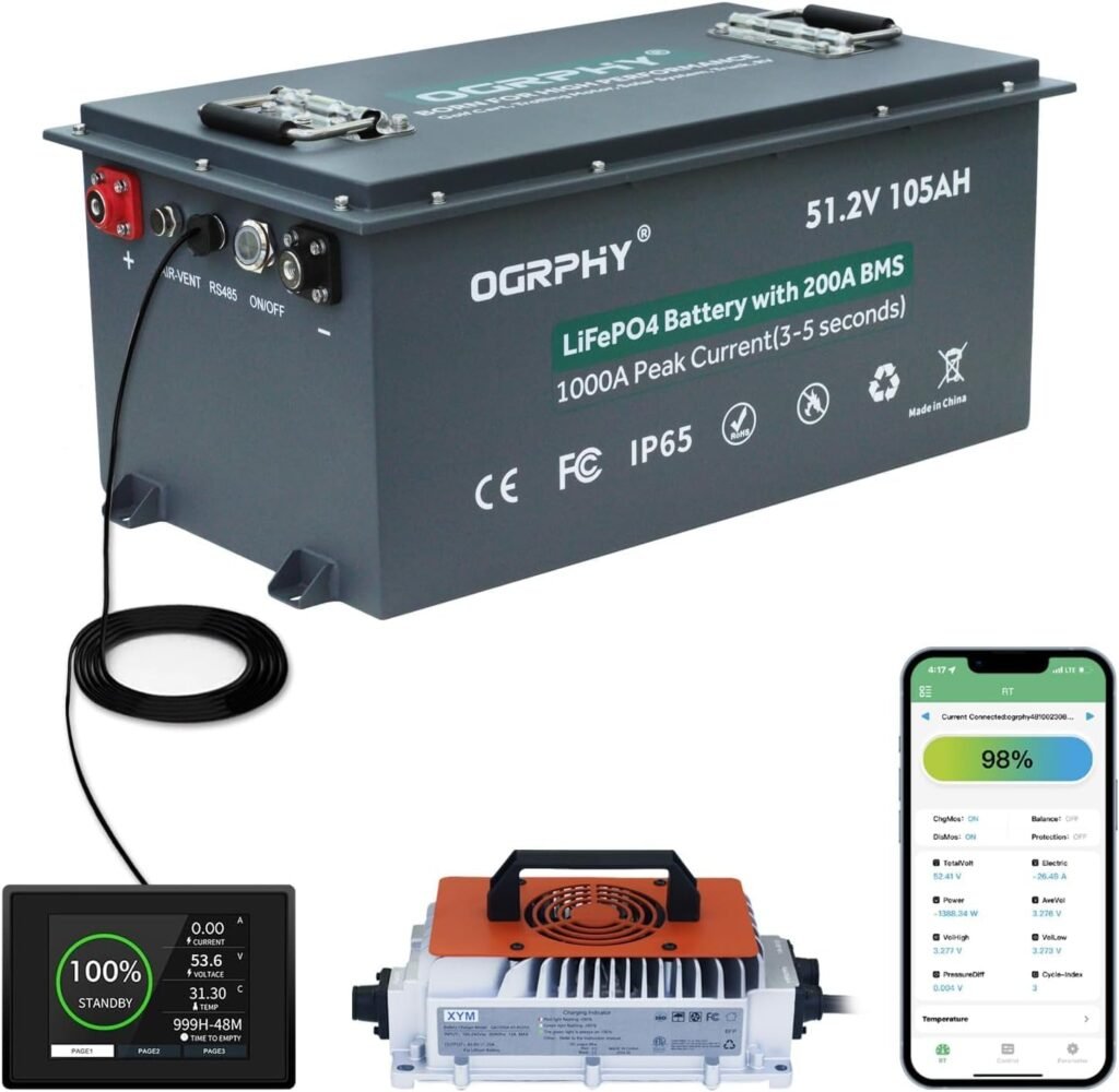 OGRPHY 48V Lithium Golf Cart Battery, with 18A Charger, Touch LCD Monitor, 200A BMS, 1000A(3-5) Peak Current Yrs Lifespan Perfect for Golf Cart, Trolling(51.2V 105AH)
