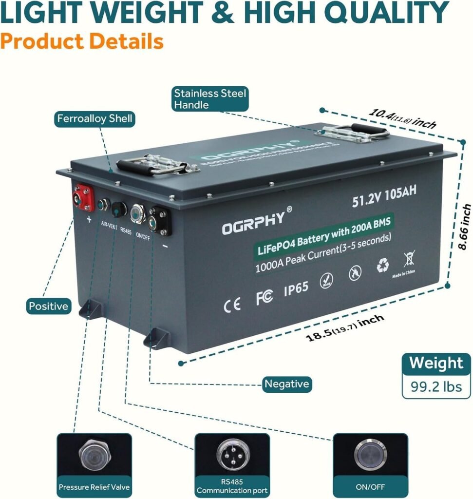 OGRPHY 48V Lithium Golf Cart Battery, with 18A Charger, Touch LCD Monitor, 200A BMS, 1000A(3-5) Peak Current Yrs Lifespan Perfect for Golf Cart, Trolling(51.2V 105AH)