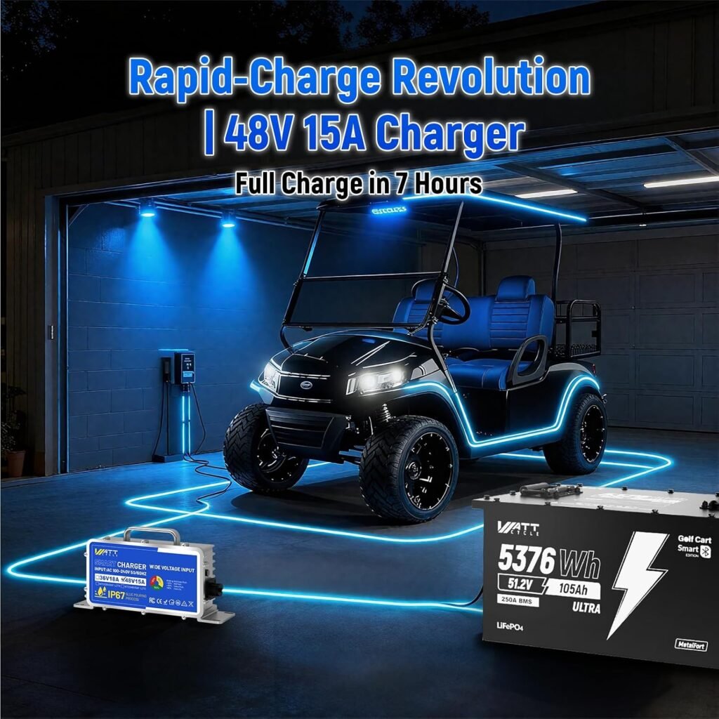 Wattcycle 48V 105Ah Golf Cart Batteries, 48V Lithium Battery 250A BMS, IP65 Waterproof Marine Batteries, LiFePO4 Battery 15000+ Deep Cycles, Built-in Bluetooth, Perfect for Home Energy, RV, Solar
