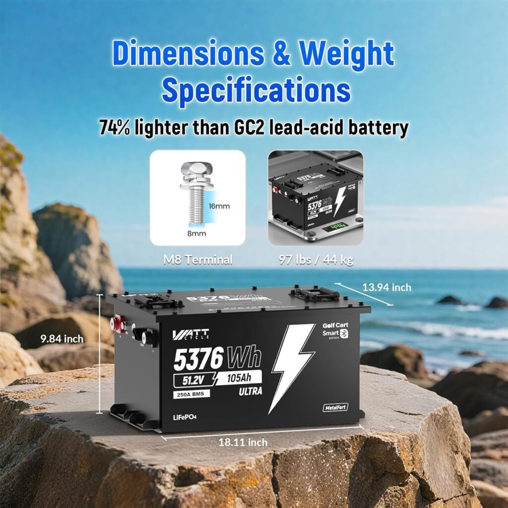 Wattcycle 48V 105Ah Golf Cart Batteries, 48V Lithium Battery 250A BMS, IP65 Waterproof Marine Batteries, LiFePO4 Battery 15000+ Deep Cycles, Built-in Bluetooth, Perfect for Home Energy, RV, Solar