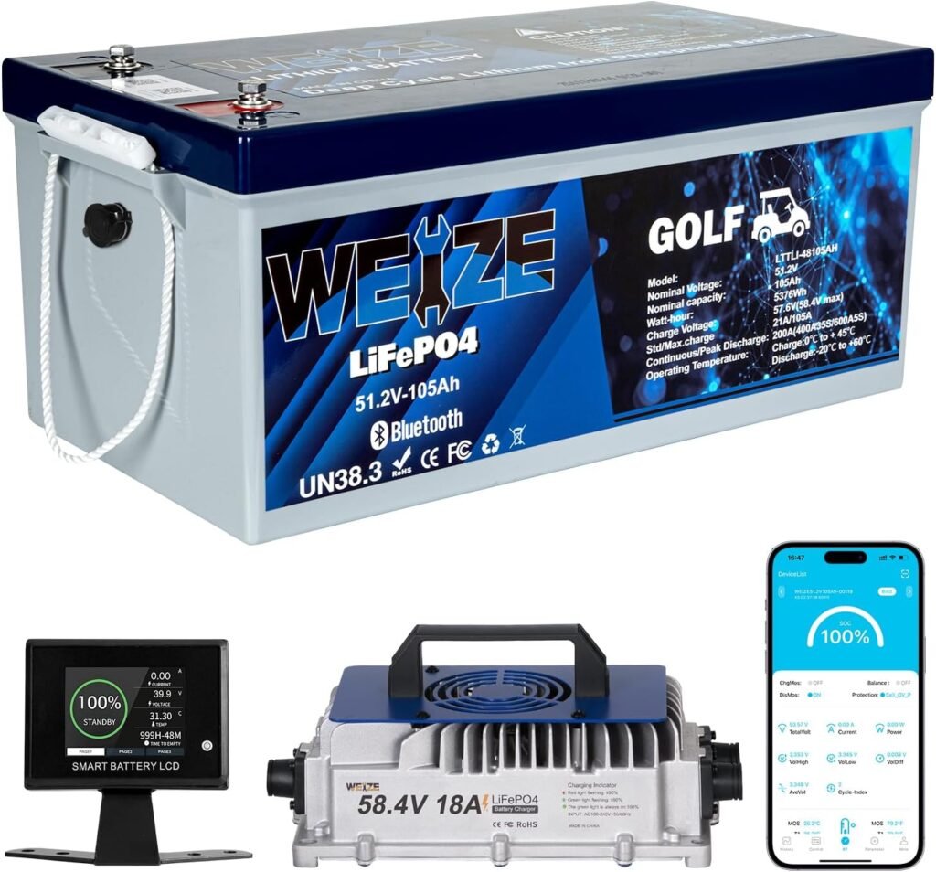 WEIZE 48V(51.2V) 105AH Golf Cart Bluetooth LiFePO4 Battery (Replace 6x8V GC8) with Lithium Batteries Charger, LCD Display, Grade A Cells, 200A BMS, Low-Temp Protection for Golf Carts, FCC Listed
