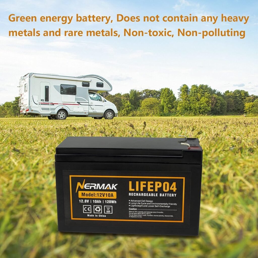 NERMAK 12V 10Ah Lithium LiFePO4 Deep Cycle Battery, 2000+ Cycles Rechargeable Battery for Solar/Wind Power, Lighting, Power Wheels, Ride-on Toy, Fish Finder and More, Built-in 10A BMS