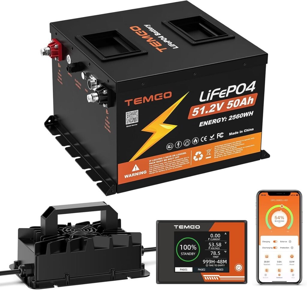 TEMGO 51.2V (48V) 50Ah LiFePO4 Lithium Golf Cart Batteries, Built-in Smart 100A BMS with Monitor and Mobile APP, 5000+ Cycles Rechargeable, Max 5.12kW Power Output, Iron Case Protection